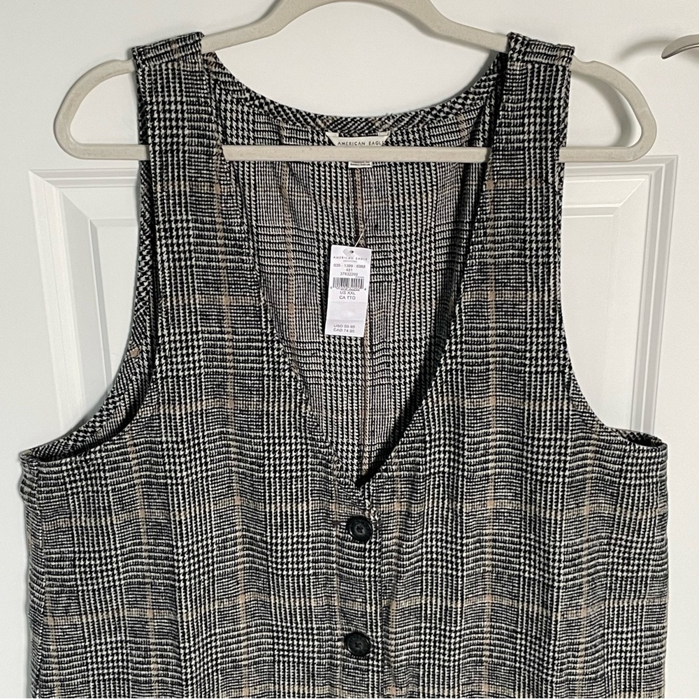 New! American Eagle Black/Tan Plaid Button Front Vest Mini Dress NWT - 35589 - Picture 3 of 14